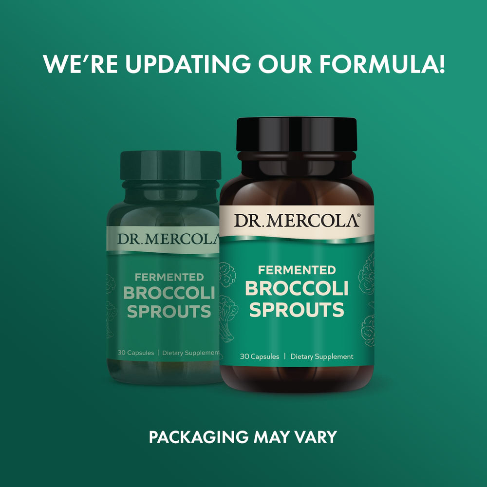 Dr. Mercola Fermented Broccoli Sprouts capsules closeup highlighting compact daily wellness.