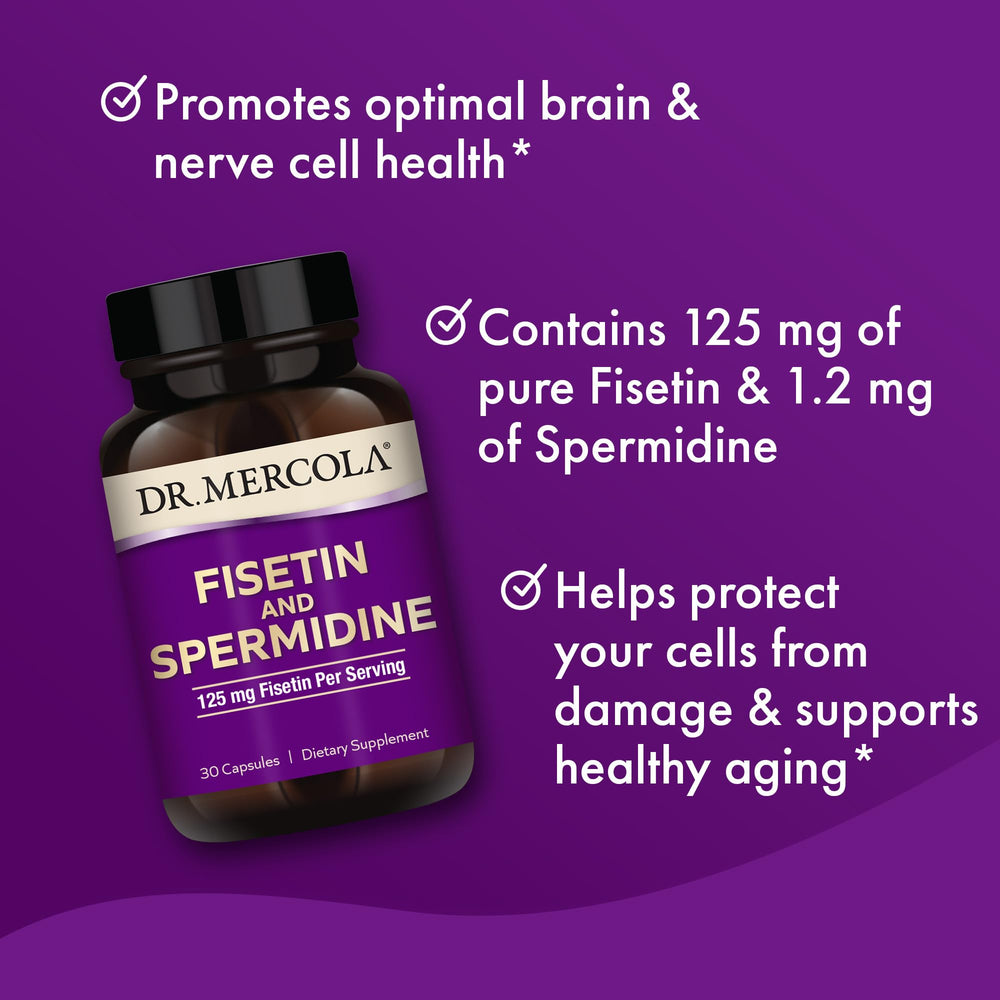 Dr. Mercola Fisetin and Spermidine bottle with capsules for simple daily intake.