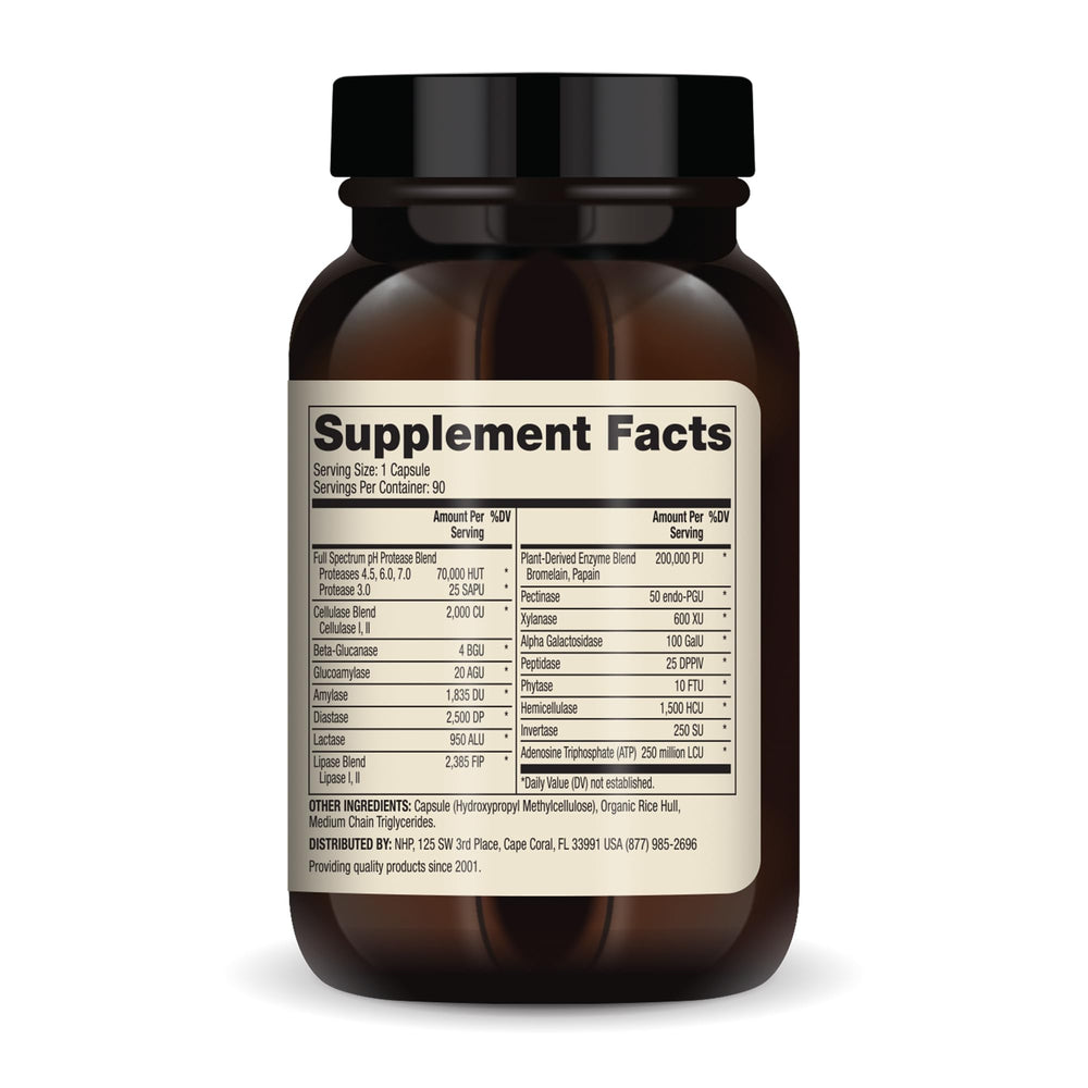 Dr Mercola Full Spectrum Enzymes bottle back label highlights non-GMO and allergen-friendly features