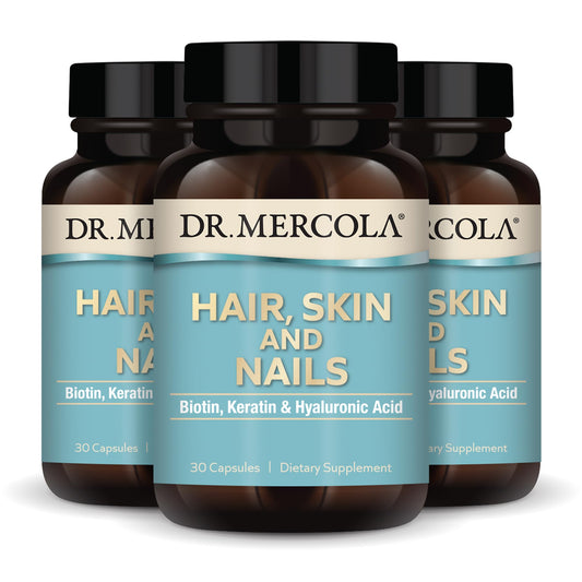 Dr. Mercola Hair, Skin and Nails bottle front promoting daily beauty support
