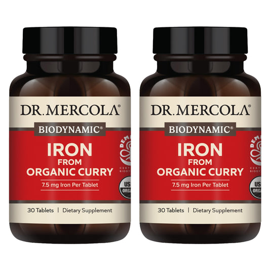 Dr Mercola Iron from Organic Curry bottle highlighting the organic formulation for daily energy