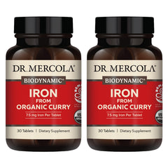Dr Mercola Iron from Organic Curry bottle highlighting the organic formulation for daily energy