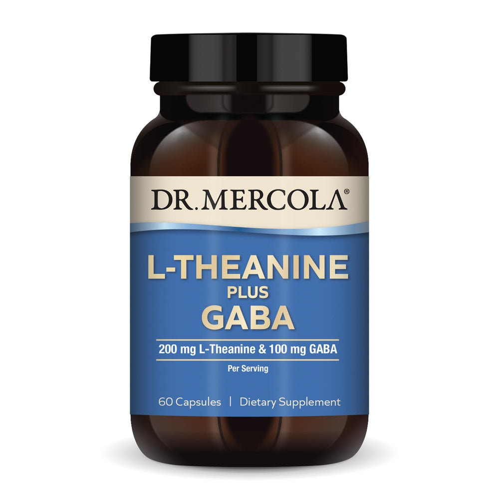 Dr. Mercola L-Theanine Plus GABA bottle on counter supports calm focus and daily balance