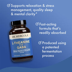 Dr. Mercola L-Theanine Plus GABA serving shows two-capsule dosage.