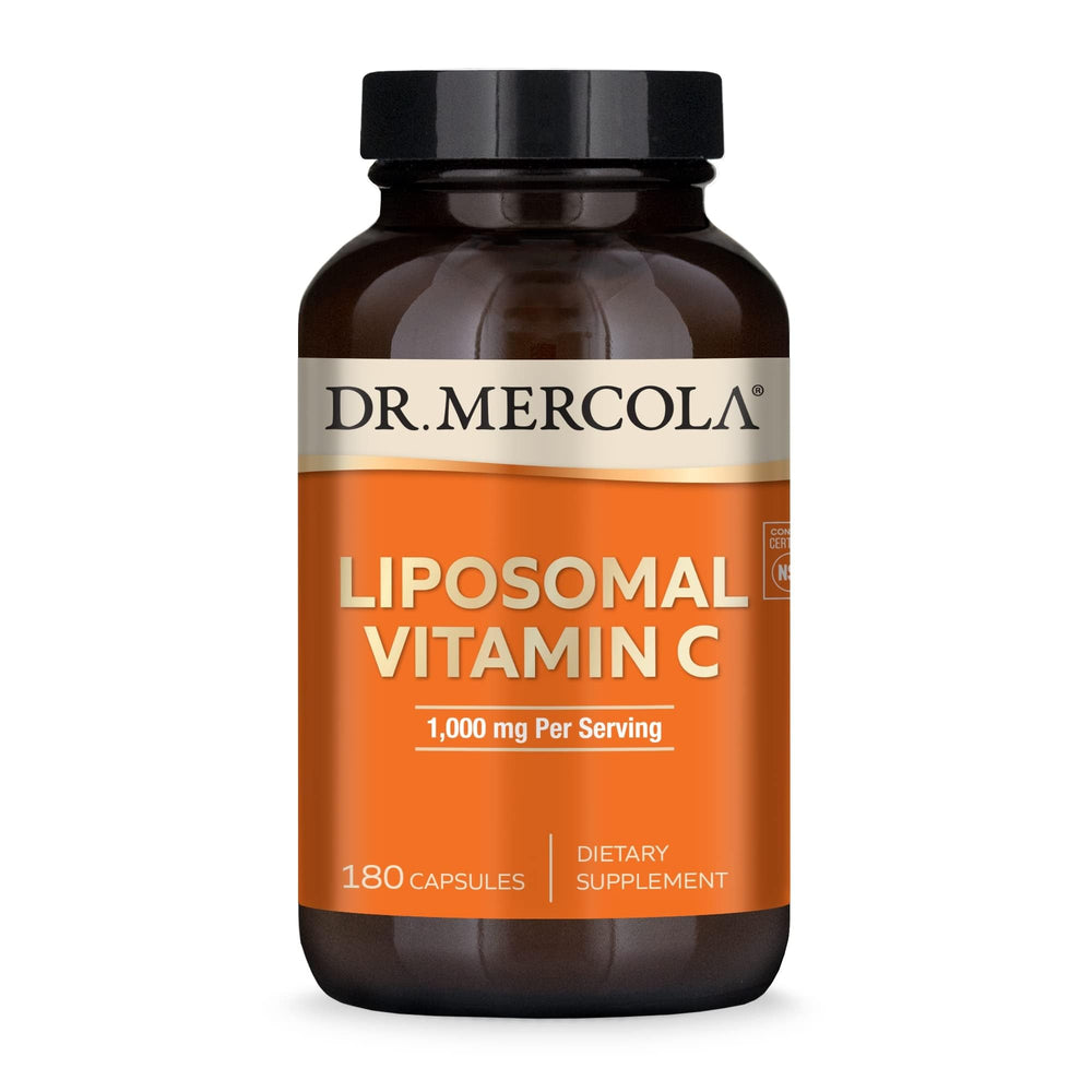 Dr. Mercola Liposomal Vitamin C bottle highlighting 1,000 mg for immune support.