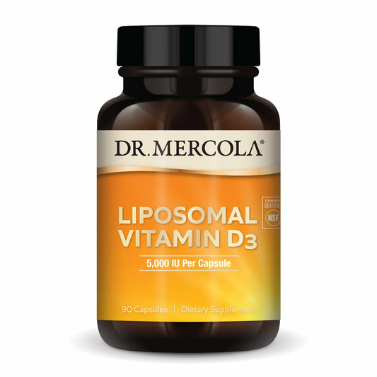 Dr. Mercola Liposomal Vitamin D3 bottle with 90 capsules for daily immune and bone support.
