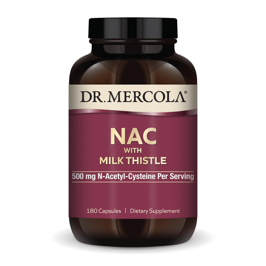 Dr. Mercola NAC with Milk Thistle bottle and capsules offering antioxidant support.