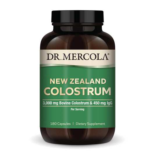 Dr. Mercola New Zealand colostrum bottle with 3,000 mg bovine formula for immune support potential