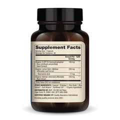 Dr. Mercola Organic 5-HTP with valerian and lemon balm close-up highlights natural extracts.