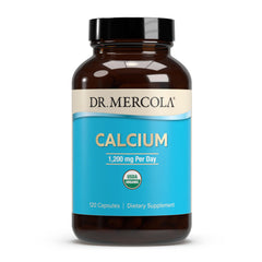 Dr. Mercola Organic Calcium bottle front view showing 1200 mg per serving for bone support.