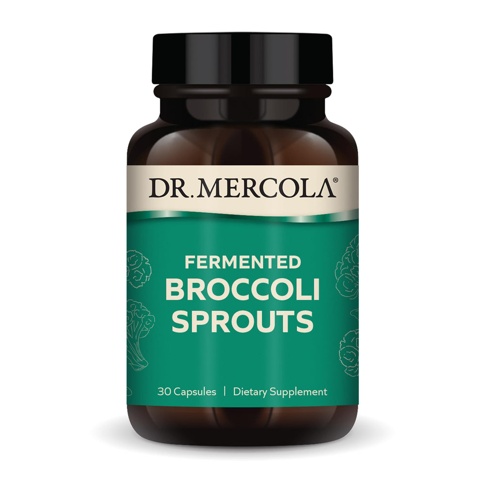 Dr. Mercola Organic Fermented Broccoli Sprouts bottle pour for easy daily detox support.