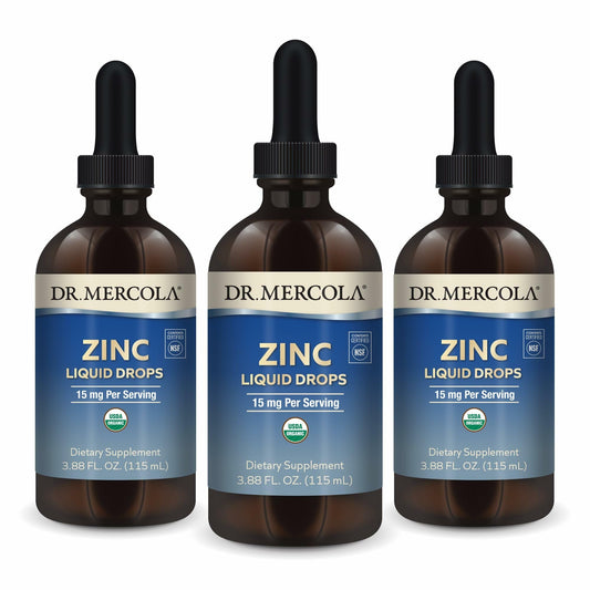 Dr. Mercola Zinc Liquid Drops bottle front showing organic zinc for daily immune support.