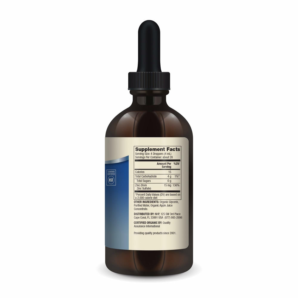 Close-up of Dr. Mercola Zinc Liquid Drops label highlighting purity certifications.