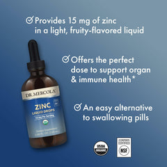Three-pack of Dr. Mercola Zinc Liquid Drops on display for convenient storage.