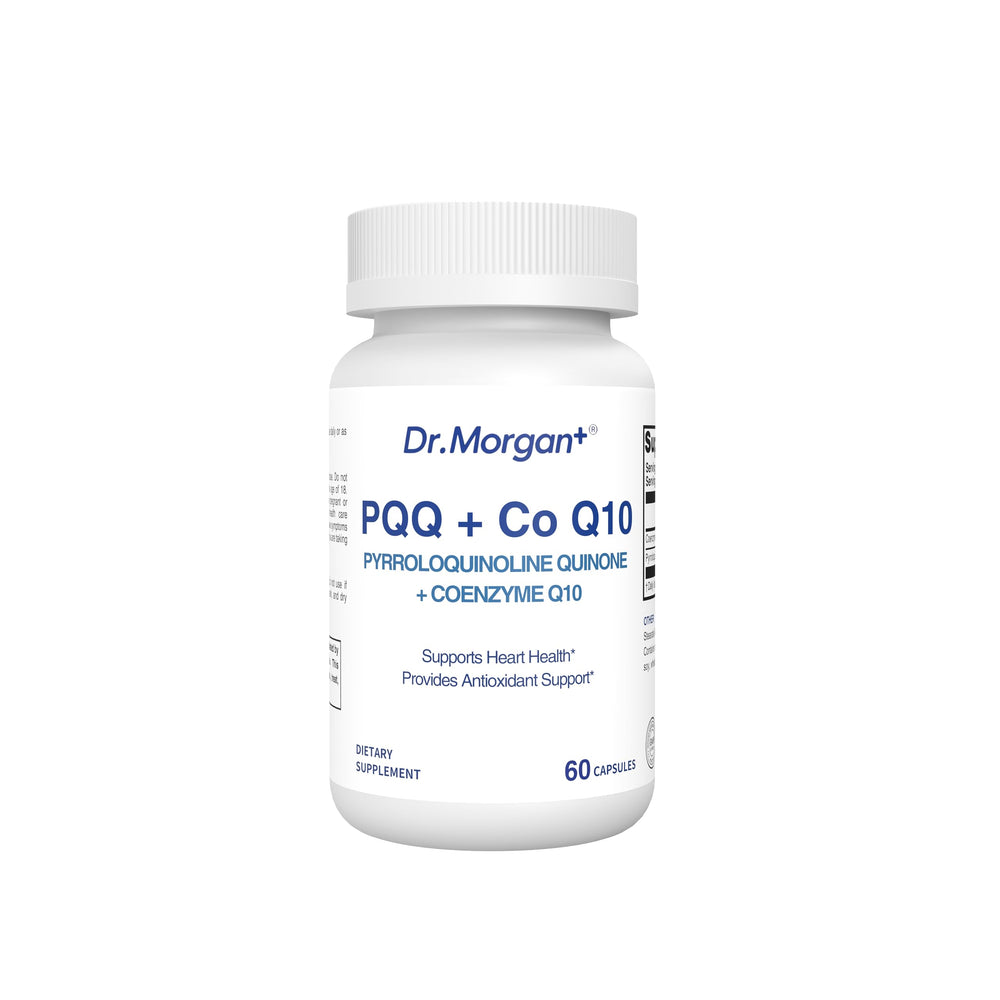 DR.MORGAN PQQ CoQ10 capsules close-up showing a clean, modern supplement design for daily energy.