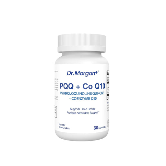 DR.MORGAN PQQ CoQ10 capsules close-up showing a clean, modern supplement design for daily energy.
