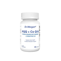 DR.MORGAN PQQ CoQ10 capsules close-up showing a clean, modern supplement design for daily energy.
