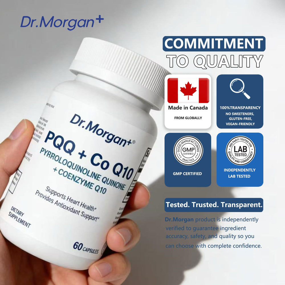 DR.MORGAN PQQ CoQ10 promo pack suggests value for daily energy support.