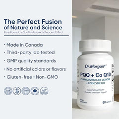 DR.MORGAN PQQ CoQ10 twist-open cap ready for daily dosing.