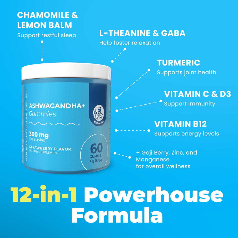 DR. MORITZ gummy servings scene shows two gummies daily for consistent support.