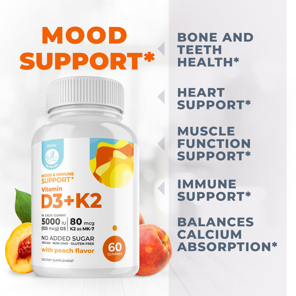 DR. MORITZ D3 K2 gummies being chewed, peach flavor enhances daily intake.