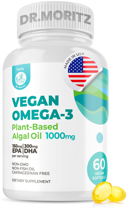 DR. MORITZ vegan omega-3 softgels bottle supports daily heart function and mental clarity.