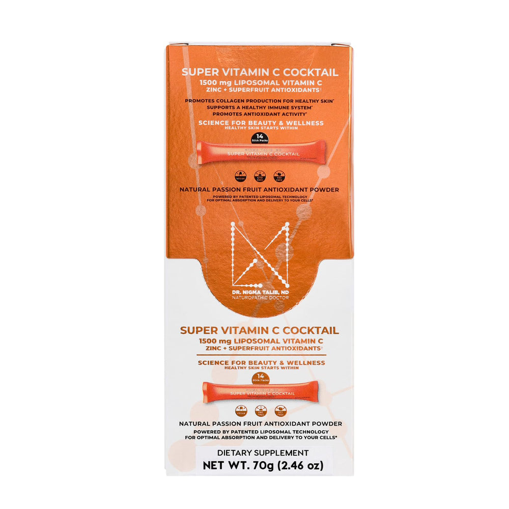 Dr. Nigma Super Vitamin C Cocktail scoop with powder close-up, promotes easy daily wellness