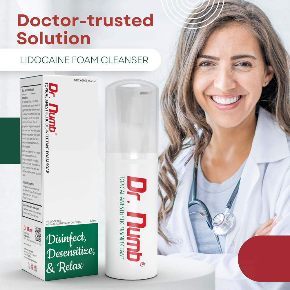 Dr. Numb 4% lidocaine foam soap close-up label highlights maximum-strength formula.