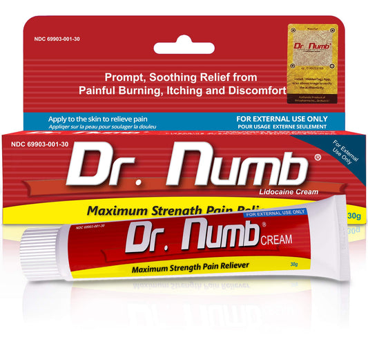 Dr. Numb 5% lidocaine cream front view, fast-acting relief for temporary discomfort