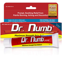 Dr. Numb 5% lidocaine cream front view, fast-acting relief for temporary discomfort