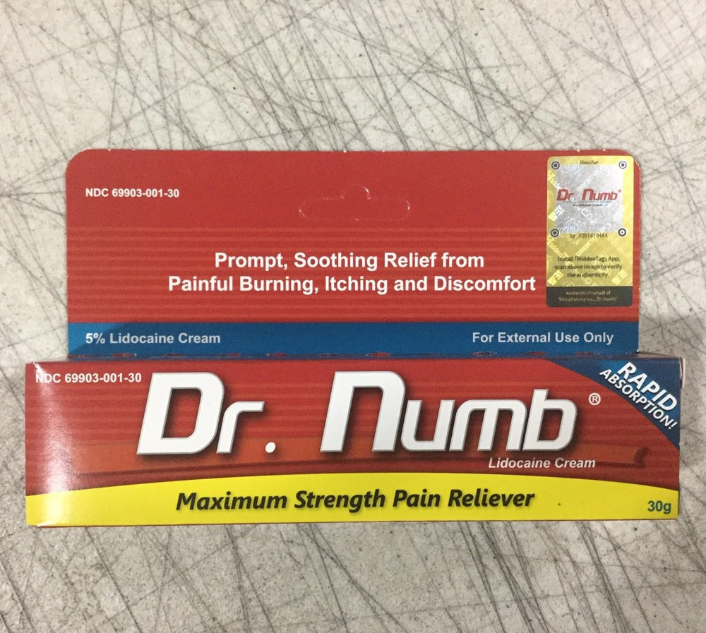 Closeup of Dr. Numb 5% lidocaine cream tube showing compact packaging.