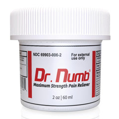 Dr. Numb 5% Lidocaine Cream tube close-up shows quick onset.