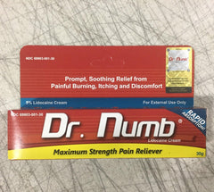 Closeup of Dr. Numb 5% lidocaine cream tube showing compact packaging.