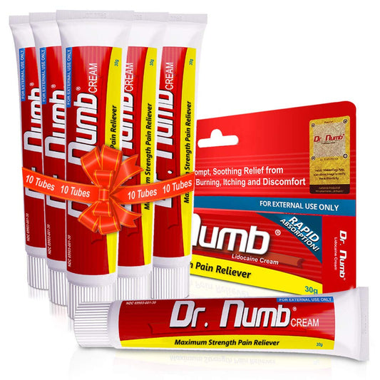 Dr. Numb 5% lidocaine cream tube front view offering fast, portable numbness option