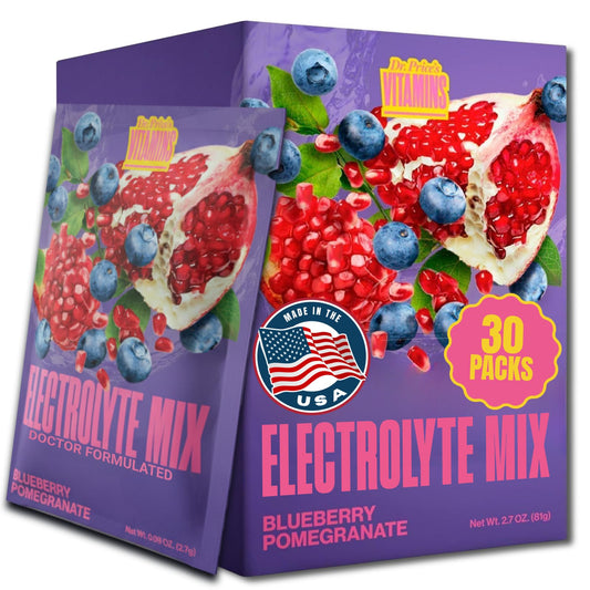 Dr. Price's Electrolytes Blueberry Pomegranate packets for balanced hydration with 72 minerals.
