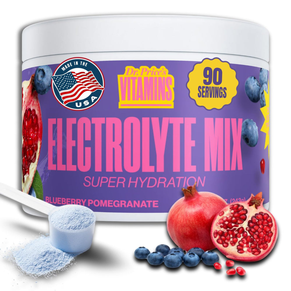 Dr. Price's Electrolytes tub in blue berry pomegranate flavor for sugar-free hydration