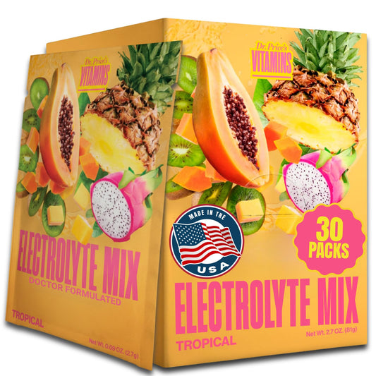 Dr. Price’s Electrolytes Tropical packaging front for on-the-go hydration.