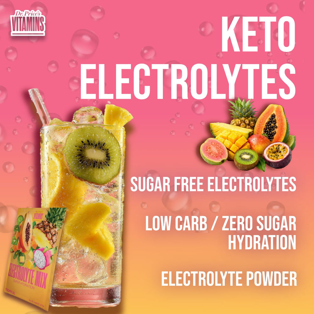 Dr. Price’s Electrolytes Tropical packets ideal for travel or training sessions.