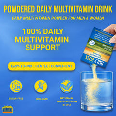 Dr Price's Vitamins Daily Vites to-go packet poured into water for quick mix.
