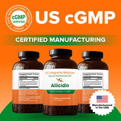 Dr. Rajsree Allicidin label closeup emphasizes quality and cGMP manufacturing standards.