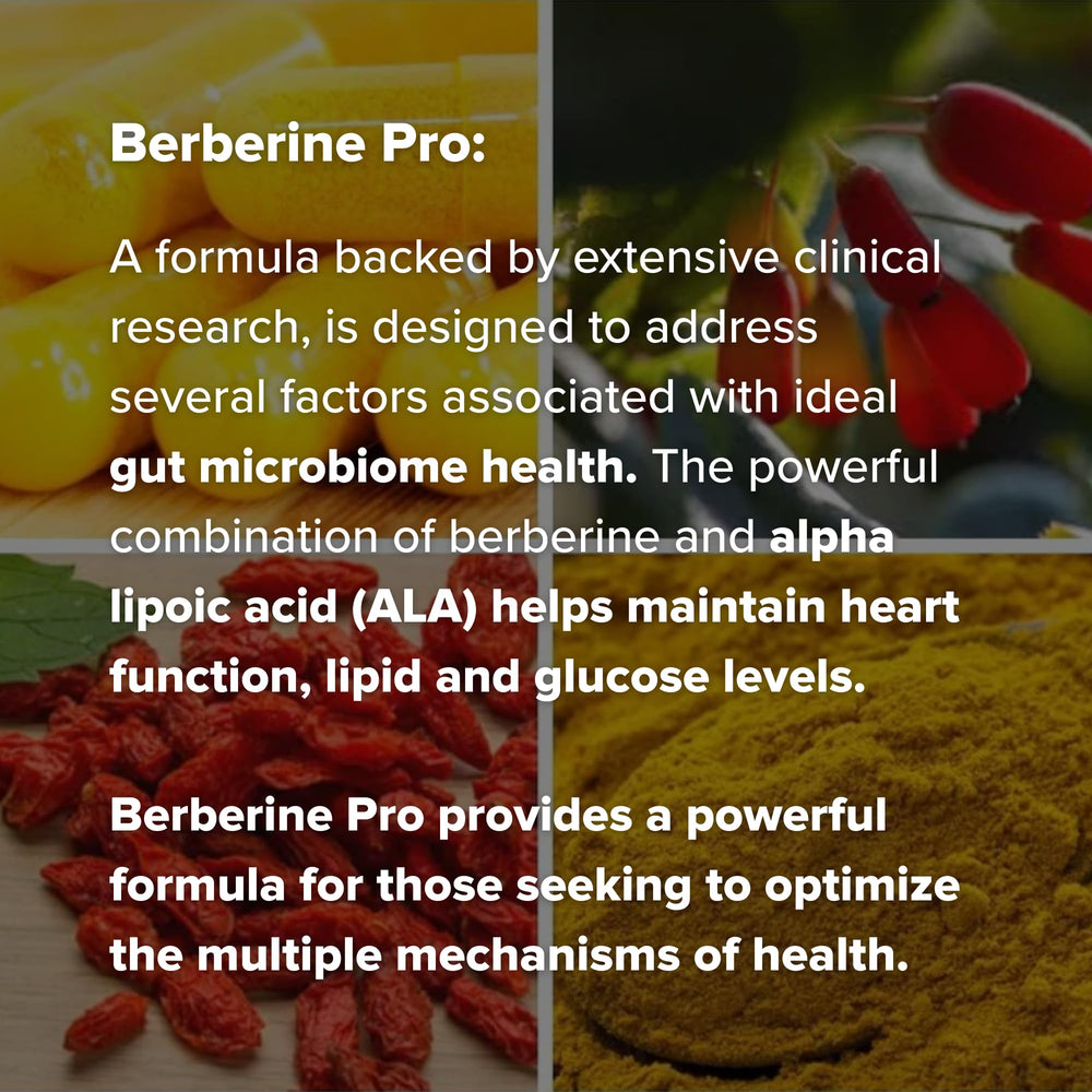 Digestive wellness setup with Berberine Pro bottle on counter.