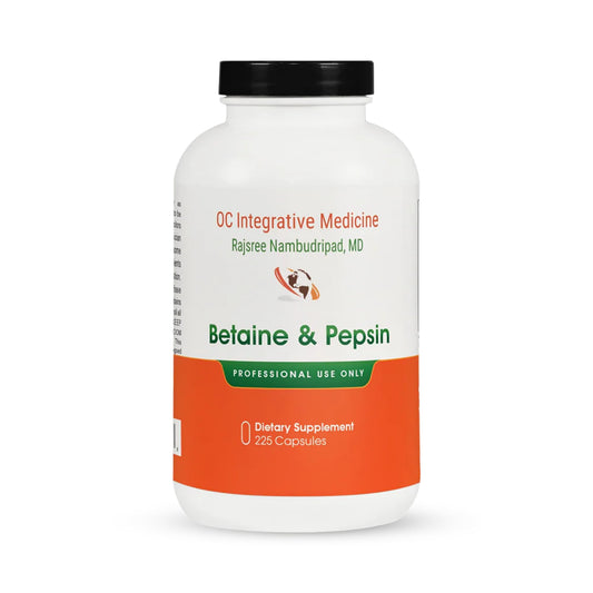 Dr. Rajsree OC Betaine Pepsin bottle shows physician‑formulated digestive support.