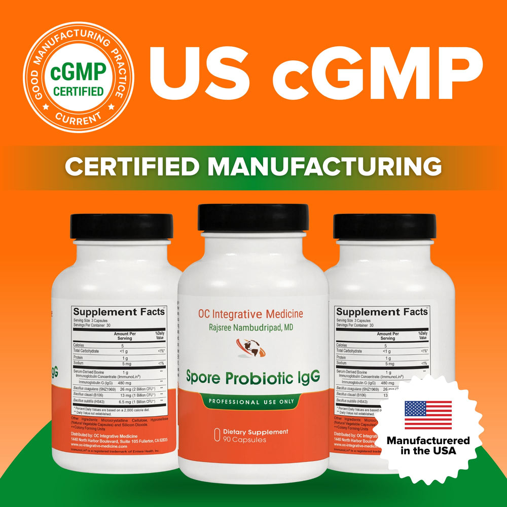 Label shows three Bacillus strains in Dr. Rajsree IgG blend.