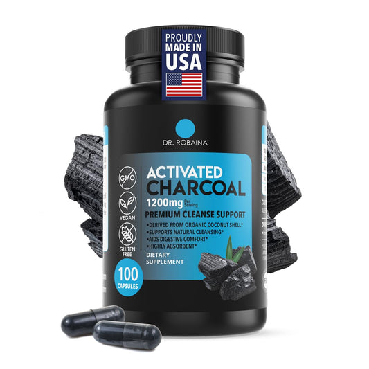 Dr. Robaina bottle-front capsules for fast gas relief after meals.