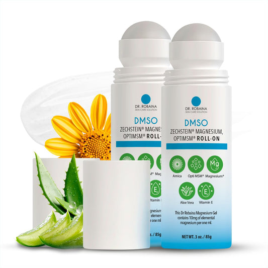 Dr. Robaina DMSO Roll-On bottle shows compact 3 oz size for on-the-go relief.