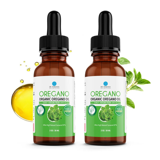 Dr. Robaina Oregano Oil Drops bottle pour shows easy dosing and potency