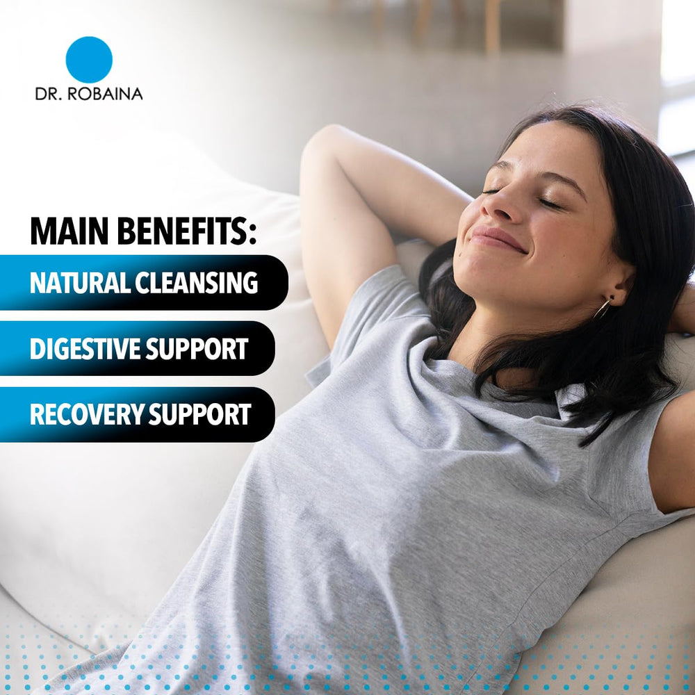 Two capsules with water illustrate proper serving for digestion support.