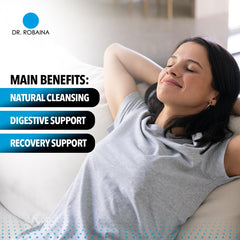 Two capsules with water illustrate proper serving for digestion support.