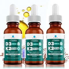 Dr. Robaina Vitamin D3 + K2 Drops bottle on white surface, supports bone strength and wellness.