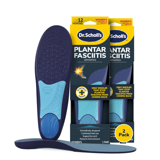Dr. Scholl’s plantar fasciitis relief insoles with deep heel cup provide shock absorption all day.